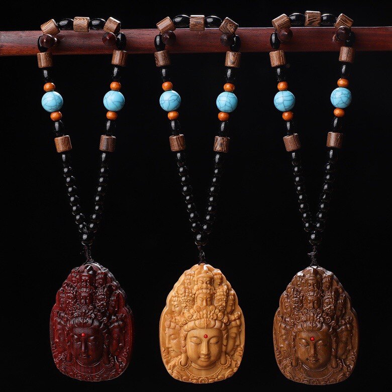 紫檀木质雕刻观音吊坠绿檀手把件观音菩萨挂件檀香文玩项链饰品