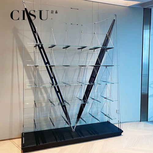 CISU别墅高端新款帆船书架创意实木置物架落地钢化玻璃收纳展示架
