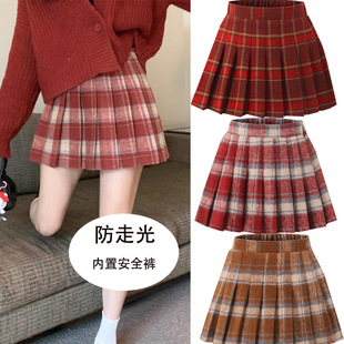 女童半身裙秋冬毛呢裙2025新款洋气儿童学院风红色百褶裙加厚短裙