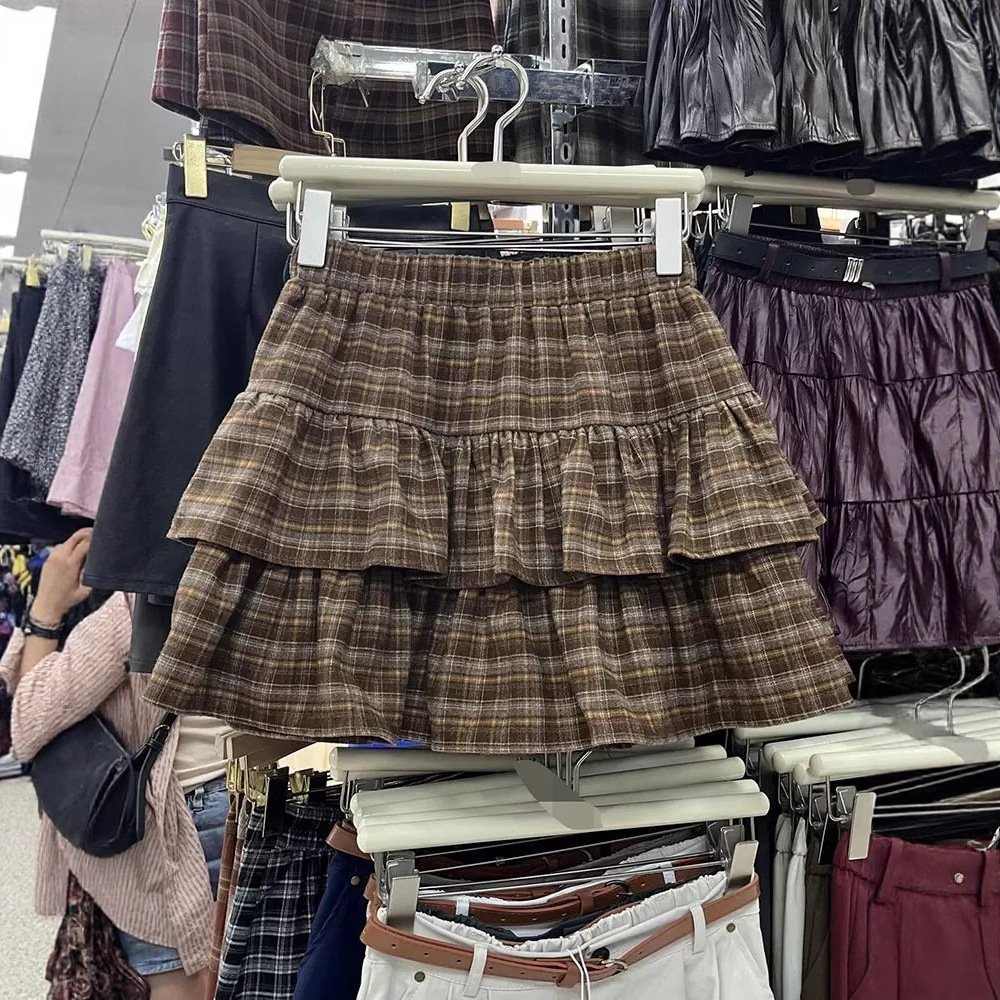 女童撞色磨毛格子半身裙儿童春秋季新款荷叶边蛋糕少女宝宝短裙子