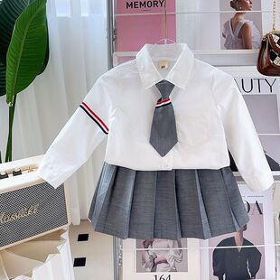 女童套装春秋季2024新款学院风长袖衬衫百褶裙配领带两件套