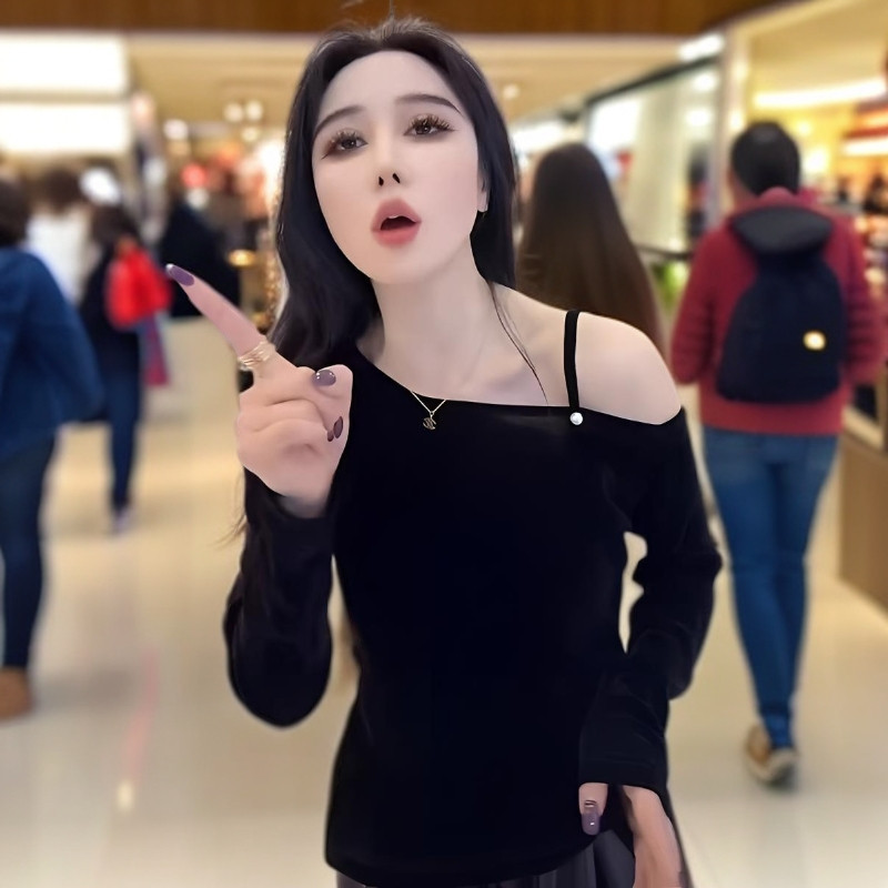 小妈风打底领露设计长袖洋气25秋季新款修身显瘦T恤丝绒露肩上衣