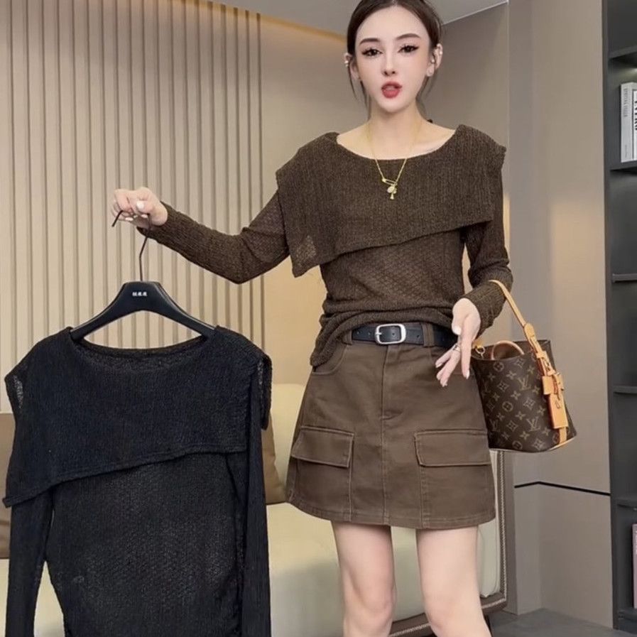 法式拼接披肩长袖蕾丝衫女欧货早秋新款设计感洋气小众显瘦打底衫