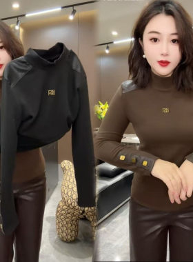 2026秋冬新款磨毛半高领拼皮打底衫女洋气刺绣修身长袖内搭上衣