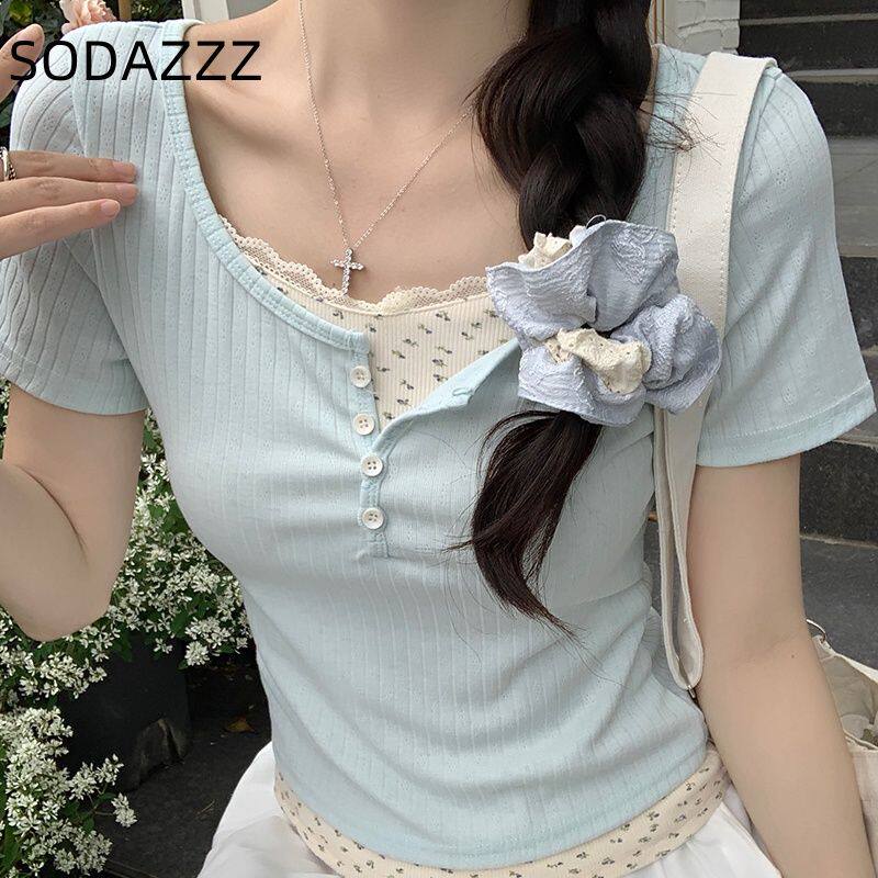 甜美碎花蕾丝花边短袖假两件纯欲拼接t恤显瘦短款上衣短袖