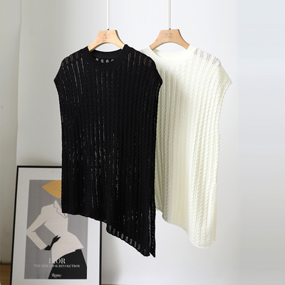 镂空麻花侧开叉不规则针织衫背心