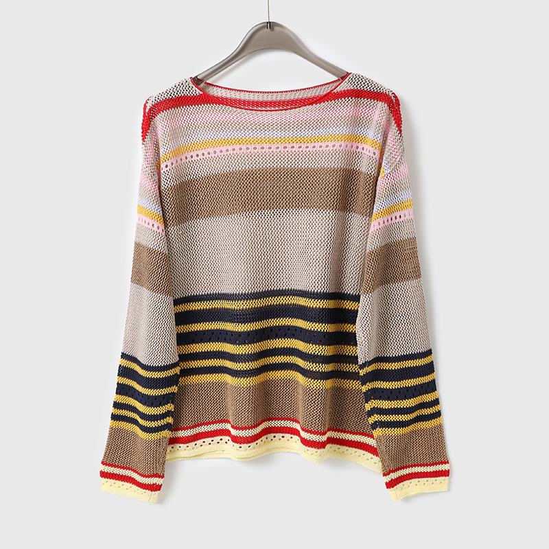 撞色彩虹条纹天丝针织衫勾花镂空