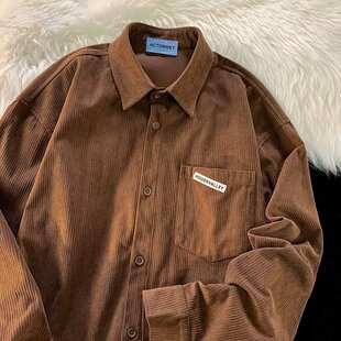 衬衫 长袖 宽松日系复古灯芯绒衬衣ins潮流贴标休闲外套 男士 秋冬季