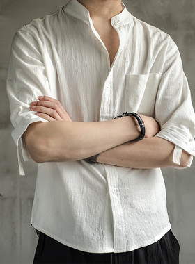 韩版潮流休闲白色短袖衬衣外套棉麻半袖日系亚麻衬衫男士夏季宽松