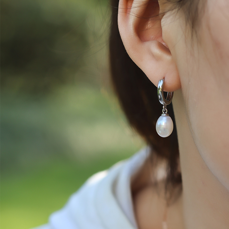 S925纯银天然淡水真珍珠耳环耳坠耳圈耳新款洋气饰品耳扣防过敏