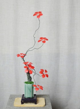 仿真观音莲老桩盆景红色秋叶室内装饰摆件家居绿植盆栽铝线非铁丝