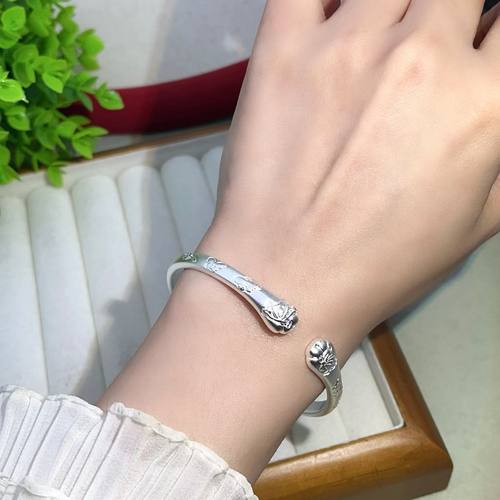 足银999.9纯银手镯猫爪蝴蝶开口实心手镯