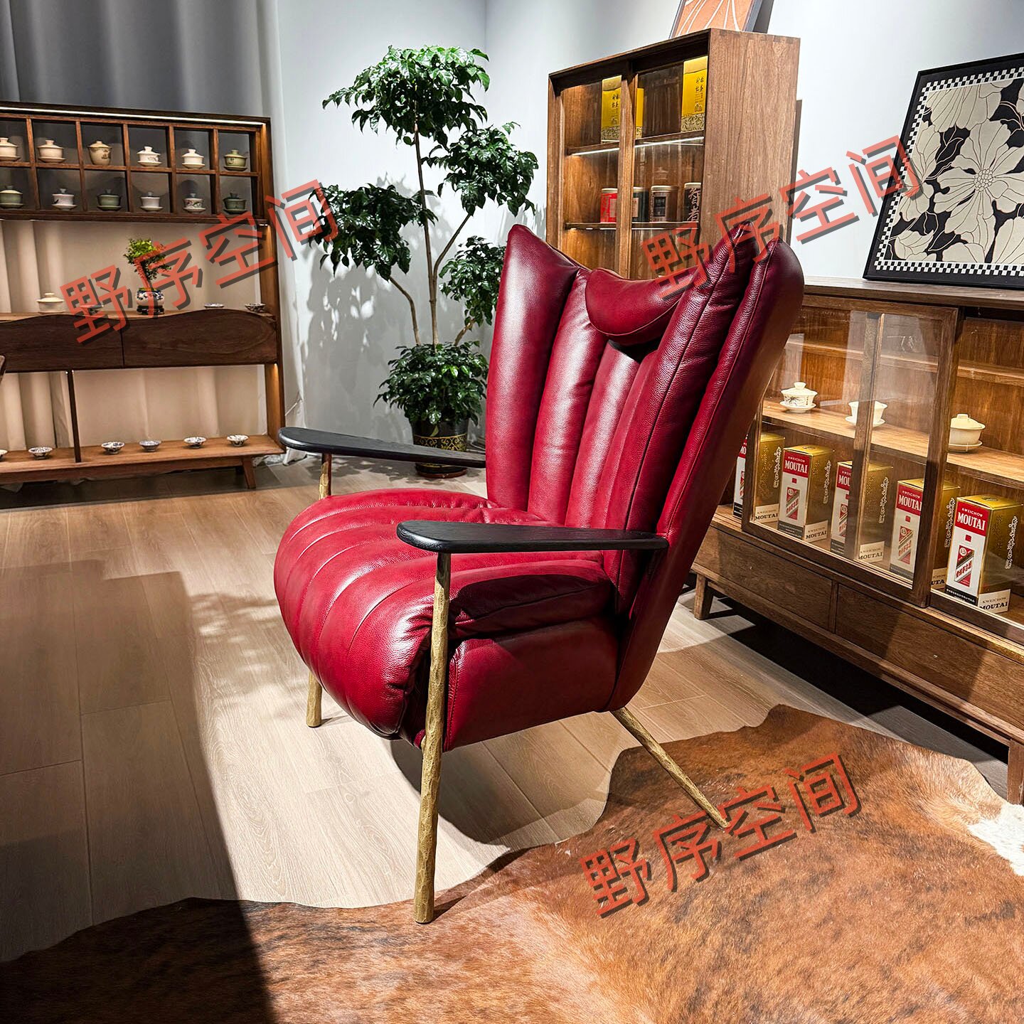 茶室主人椅休闲椅头层牛皮中古风油蜡真皮单椅轻奢复古单人沙发椅