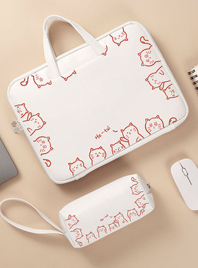 红色可爱猫咪适用苹果macbookpro13.3 m1 air13.6手提包华为matebook14s联想小新pro14简约可爱防水电脑包