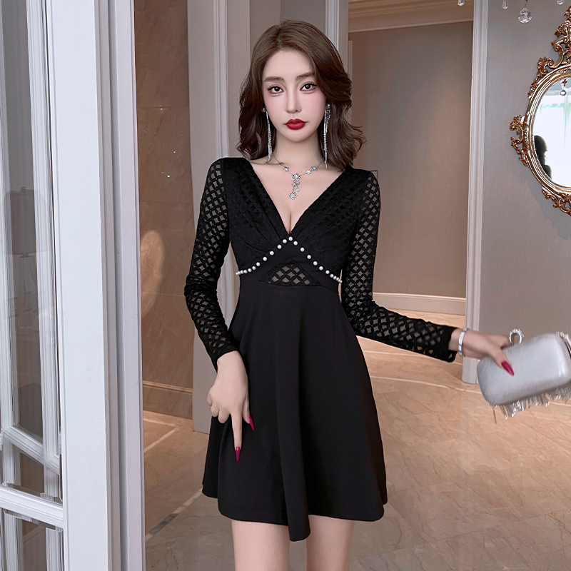 新款夜店女装性感修身显瘦低胸长袖连衣裙桑拿小姐洗浴技师工作服