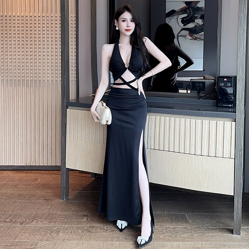 夏季新款露背挂脖连衣裙夜场女装性感时尚露腰长裙KTV镂空晚礼服