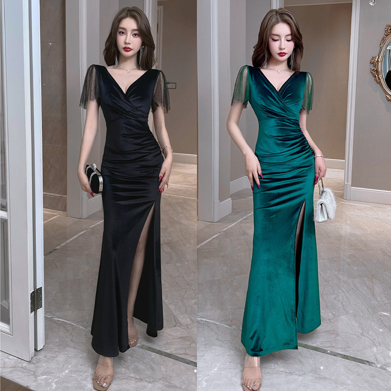 夜店性感女装桑拿足浴技师工作服夜场晚礼服秋冬丝绒长裙按摩工衣