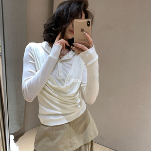 休闲设计感连帽假两件长袖 T恤80128 春上新简约日常百搭长袖 Hers