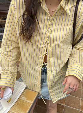 MADEIN OST-26年早春韩版时尚条纹衬衫北欧慵懒宽松条纹衬衫91156