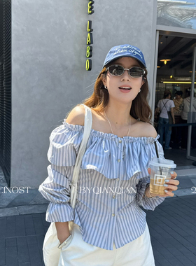 MADEIN OST-26年春款英伦复古条纹荷叶边一字肩衬衫91316