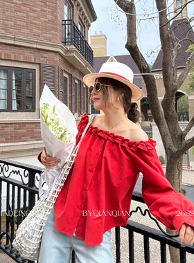 MADEIN OST-50天丝复古轻法式浪漫小衫一字肩木耳边小衫91056