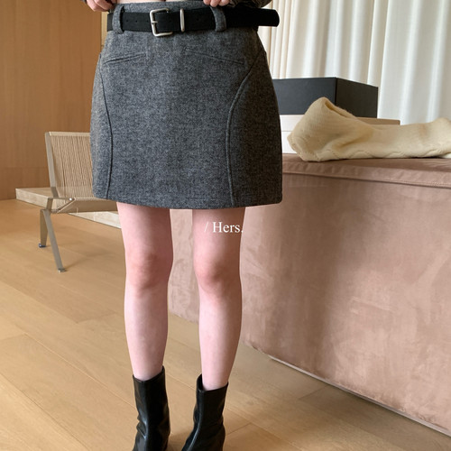 Hers-冬上新简约经典日常百搭毛呢半身裙(配腰带)66991