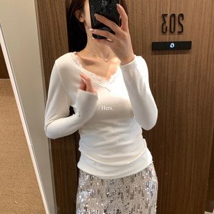 92474 Hers 秋上新单穿叠穿女nice简约日常百搭磨毛抓绒蕾丝长袖