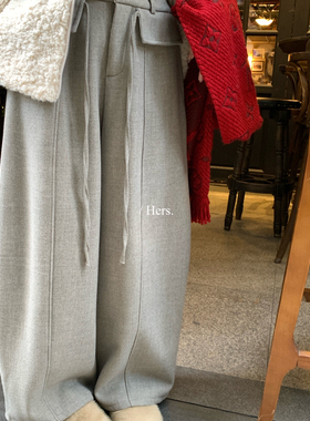 Hers-冬上新韩标简约日常设计感绑带加厚加绒休闲裤92806