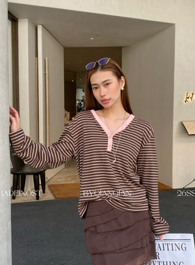 MADEIN OST-26年早春英伦休闲棉麻条纹V领长袖T恤91071