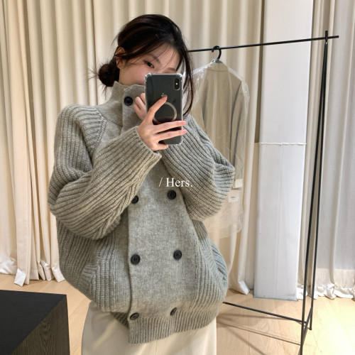 Hers-早冬上新复古日常立领双排扣厚实保暖毛衣62090