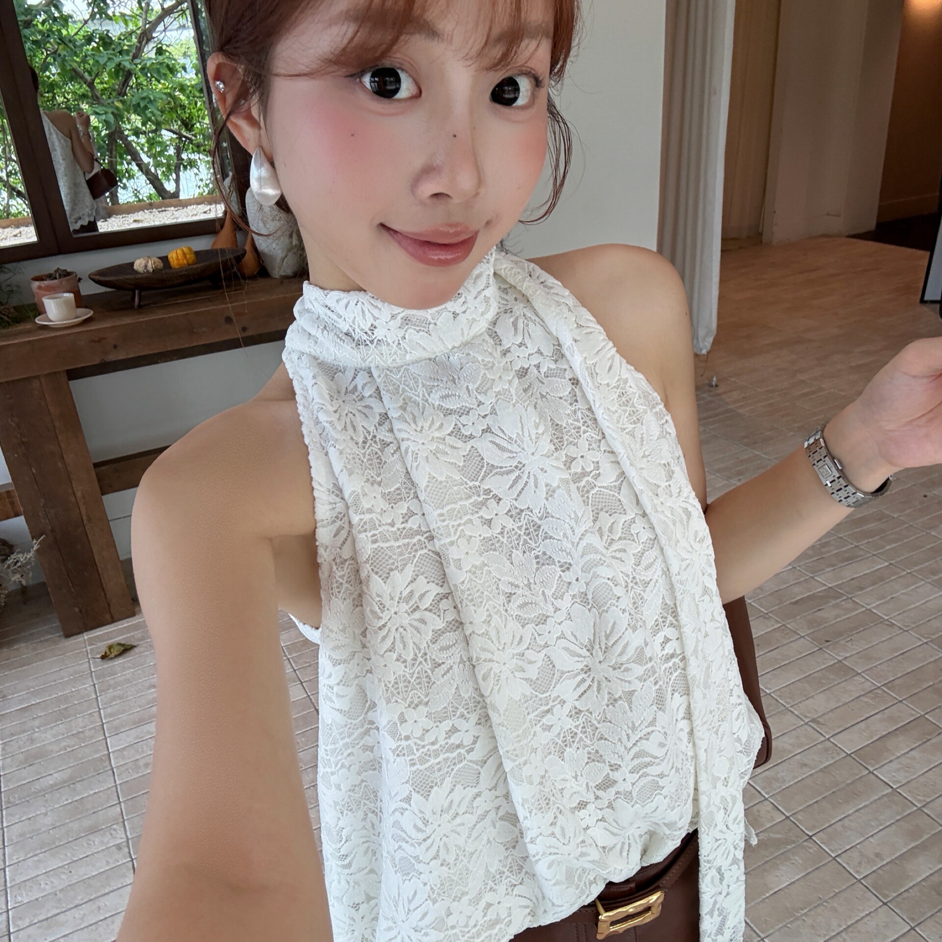 YOOMINI-26年早秋上新柔半高领打结飘带蕾丝柔软背心M60776-SR
