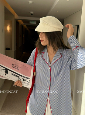 MADEIN OST-26年早春新款韩版30天丝撞色边英伦条纹衬衫91133