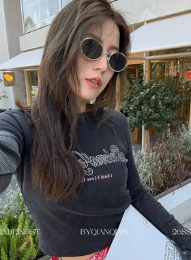 MADEIN OST-26年早春美式复古做旧烫钻字母长袖T恤91180