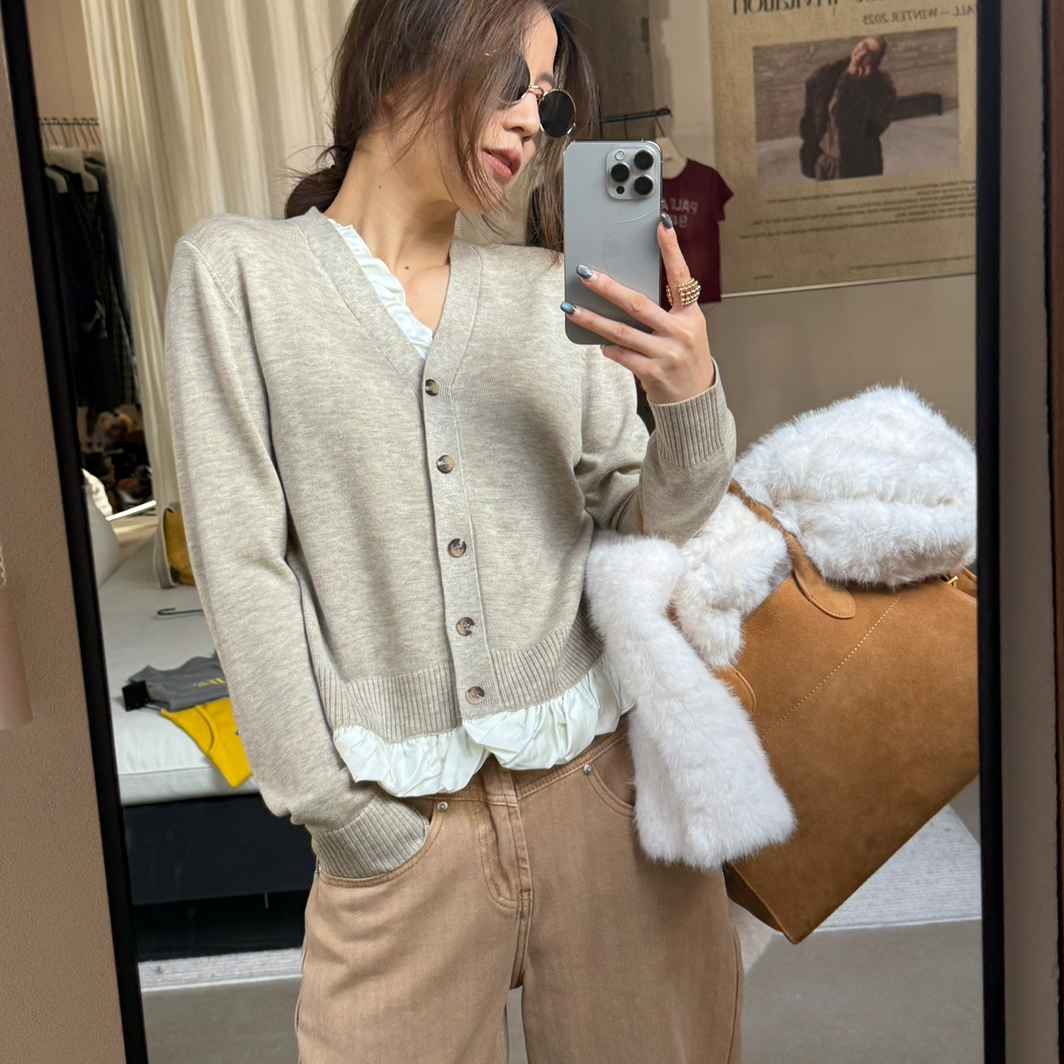 MADEIN OST-轻法式氛围感6羊毛缎面拼接开衫毛衣(含6羊毛)S8881