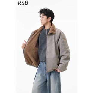 美拉德加绒翻领棉衣男秋冬皮毛一体百搭棉服宽松加厚保暖休闲外套