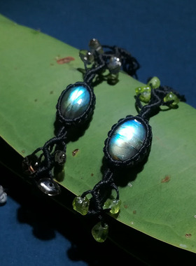 晴天出品手工编织天然拉长石水波纹+水晶碎石手绳简单百搭