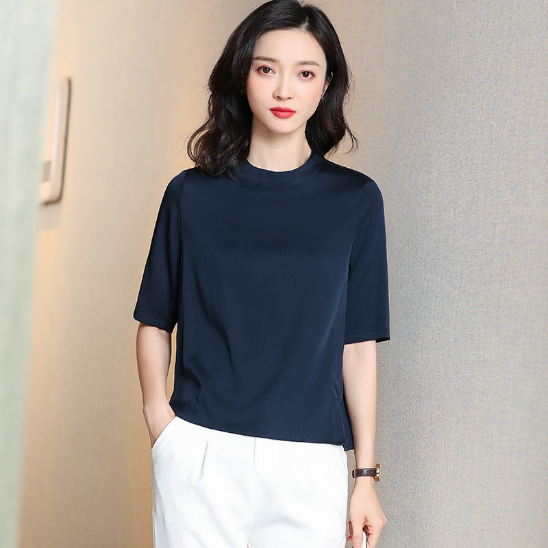 重磅真丝桑蚕丝衬衫女2025夏新款半袖小衫气质绸缎面五分袖上衣