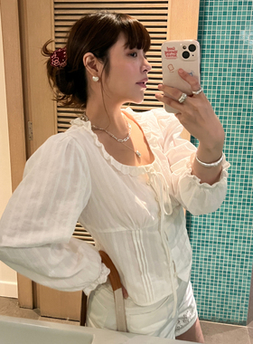 3ts法式蕾丝花边衬衫白色夏季长袖高级感小衫小个子衬衣