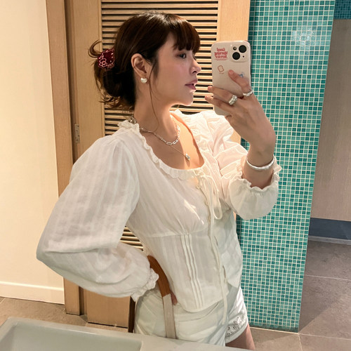 3ts法式蕾丝刺绣复古花边衬衫白色荷叶边高级小衫木耳边衬衣上衣