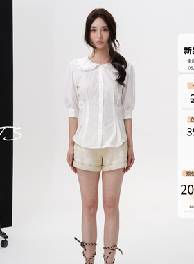 3ts05/16jennie同款娃娃领衬衫收腰显瘦花边翻领木耳边泡泡袖上衣