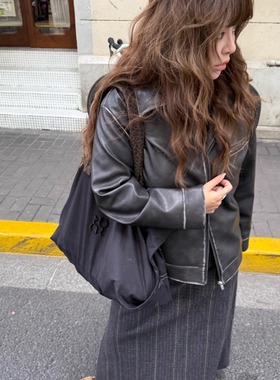 3ts擦色皮衣pu皮外套酷飒风高级感短款黑色西装皮夹克女