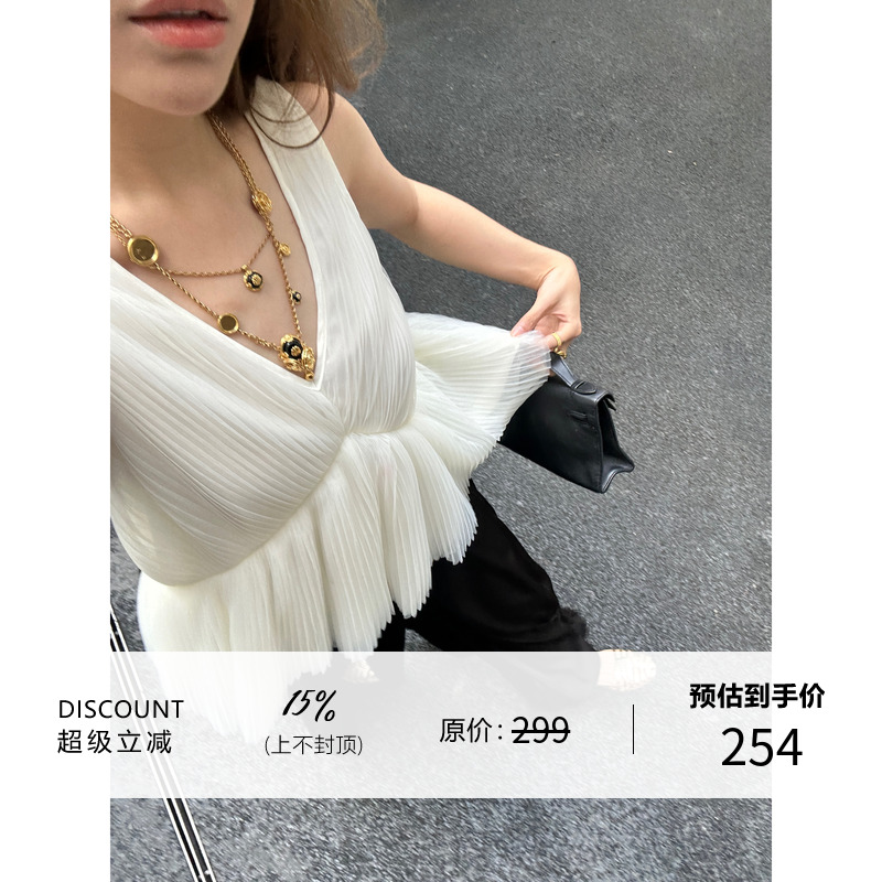 3ts夏季法式无袖吊带小衫设计感小众仙女裙摆背心露背上衣