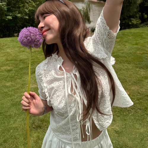 法式木耳荷叶边镂空上衣两面穿