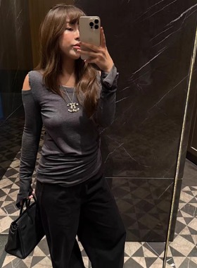 3ts设计感露肩修身羊毛T恤轻露肤打底衫气质穿搭上衣