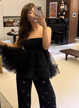 3ts黑色网纱无袖修身抹胸紧身上衣花边下摆/可拆卸肩带