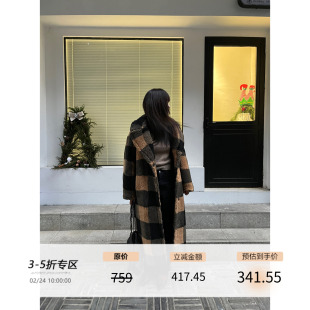 3ts冬季 羊毛呢子大衣 格子毛呢外套高级感长款