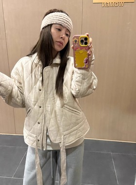 3ts秋冬短款菱格棉服白色轻薄棉衣系带夹棉外套袄子棉袄