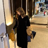 3ts秋冬羊毛长袖 连衣裙v领黑色高级针织长裙气质连身裙