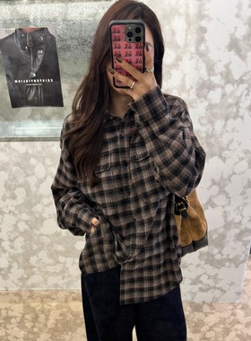 3ts 11/23 复古纯棉格纹衬衫设计感格子慵懒长袖休闲宽松衬衣上衣