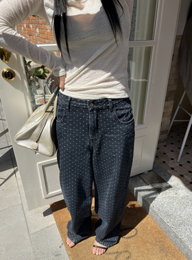 3ts【热销千件】美式复古蓝色波点牛仔裤高腰阔腿宽松直筒裤长裤